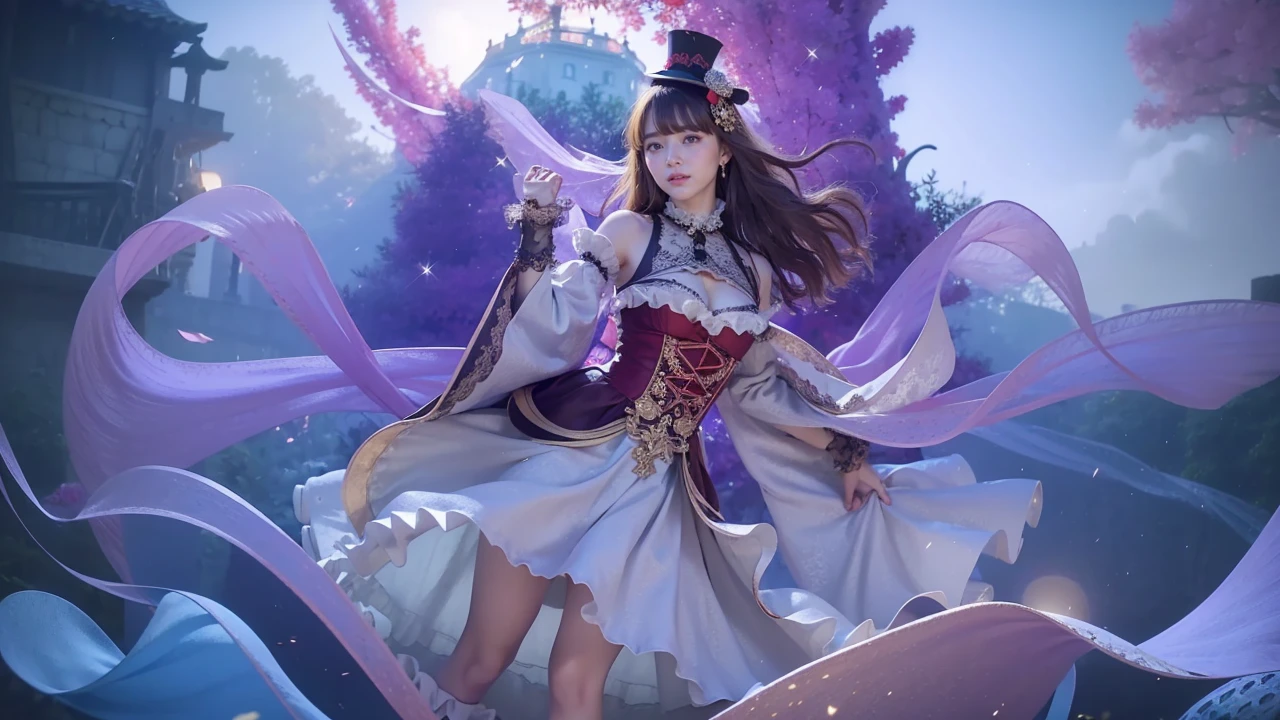 Photo Real、photoRealstic　Golden hair、Depigmented hair、Short hair、Straight hair、Lots of bangs　big eye、with round face、Plump cheeks、The contours of the face are round、a small face、a baby face　japanes、14years、tiny body、skinny  body、young body、Soft thighs　 mini top hat、Gothic lolita、Red Wedding Dress、Black frills、Wear lace、Dresses that stand out、Decoration Dresses、a short skirt、Unique clothing　single、Adult Pose、Bold poses、Faces close、Face Close-up、Blushing、Looking here、cleavage of the breast、smil　Background with、Old-fashioned Western-style building、Western-style castle、a castle yard
