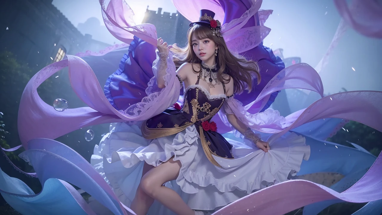 Photo Real、photoRealstic Golden hair、Depigmented hair、Short hair、Straight hair、Lots of bangs big eye、with round face、Plump cheeks、The contours of the face are round、a small face、a baby face japanes、14years、tiny body、skinny body、young body、Soft thighs mini top hat、Gothic lolita、Red Wedding Dress、Black frills、Wear lace、Dresses that stand out、Decoration Dresses、a short skirt、Unique clothing single、Adult Pose、Bold poses、Faces close、Face Close-up、Blushing、Looking here、cleavage of the breast、smil Background with、Old-fashioned Western-style building、Western-style castle、a castle yard