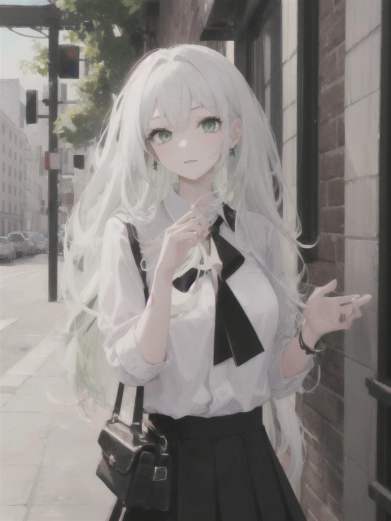 1girl, white long hair, green eyes, black , White shirt, black tie, black skirt,