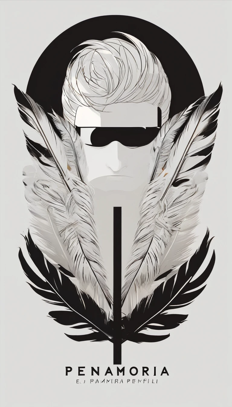 A minimal, modern, simple, cinematic logo design e of a boy with a head full of feathers for the brand “Penamemoria".