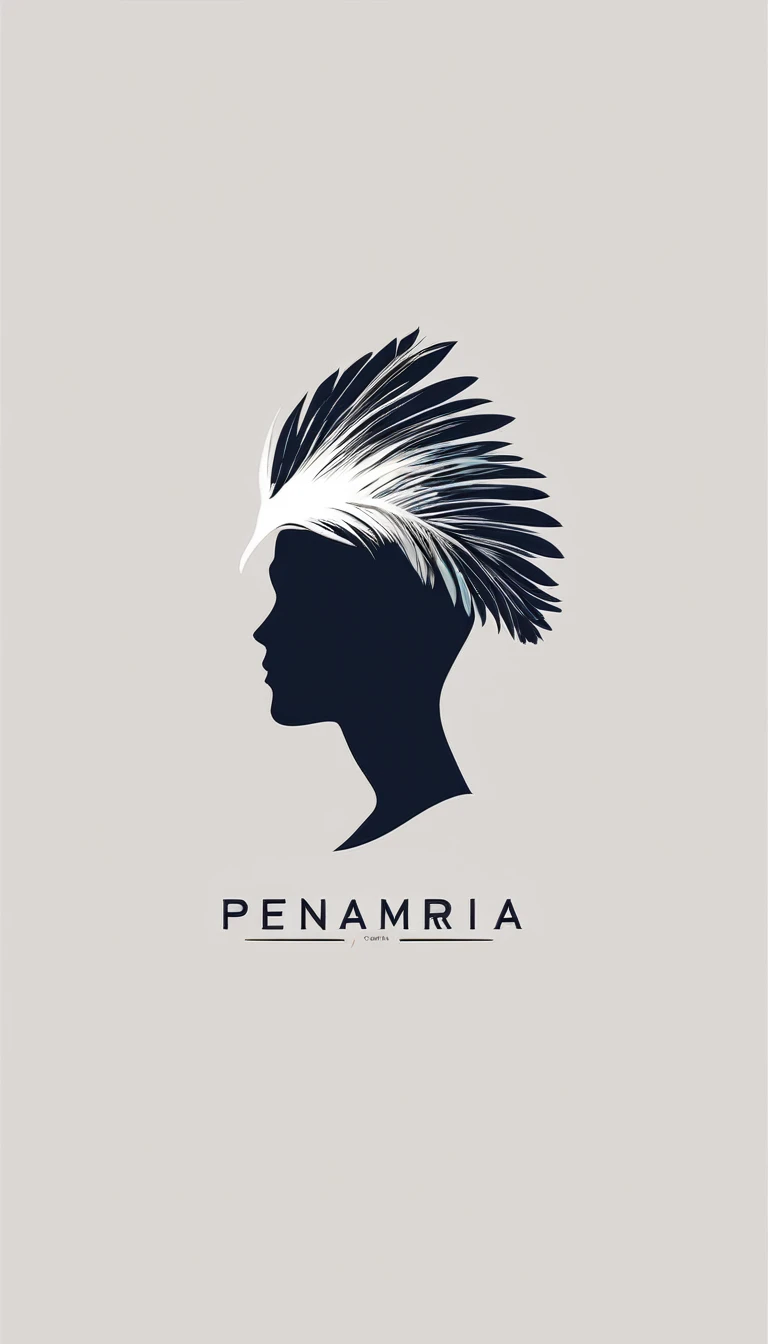 A minimal, modern, simple, cinematic logo design e of a boy with a head full of feathers for the brand “Penamemoria".