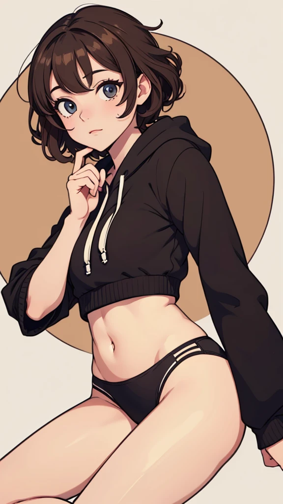 (((masterpiece, best quality, ultra highres, 1 girl, solo, no background))), super detailed skin and face and eyes and finger, beautiful japanese woman, small breasts:1.5, skinny, light brown hair, white background, very short curly hair, (an illustration of girl), Knee shot, Generate with illustrations, Various expressions, Various poses, Please draw the entire character within the frame, ensuring that the head, arms, and legs are not cut off. The background should be simple, with the character positioned centrally, outline, anime, hoodie, curly hair, underwear,