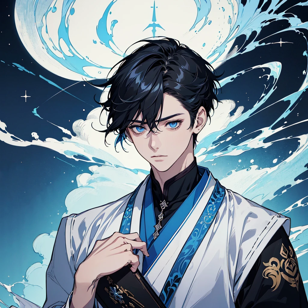 ((Genshin impact style)) ((face portrait))(masterpiece), (high quality), (pretty boy face), 1 boy, 16 years, masculine and tall body, white skin, ((MEDIUM black hair)), ((light blue eyes like the sky)), ((calm and paeceful expression)), designs from East Asian, Game character costume design, Japanese clothing style with a dark blue, white and black color palette, his is holding a book ((White background, mathematical, astronomical and blue details)), ((portrait panting)) intricate details, ultra high resolutio, HD,8k,clear facial features,clear details,beautiful eyes,beautiful face