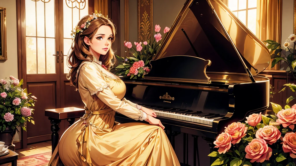 A beutiful realistic scene of a lady in a old fashioned dress; the background is large and vintage, a ancient house with a golden piano and a lot of flowers; masterpiece; perfect face;