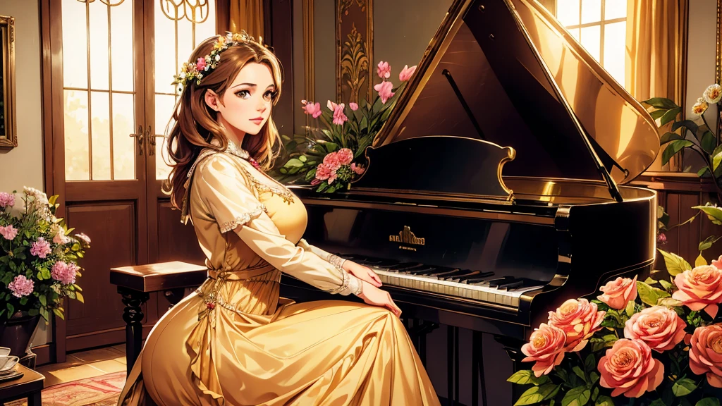 A beutiful realistic scene of a lady in a old fashioned dress; the background is large and vintage, a ancient house with a golden piano and a lot of flowers; masterpiece; perfect face; 