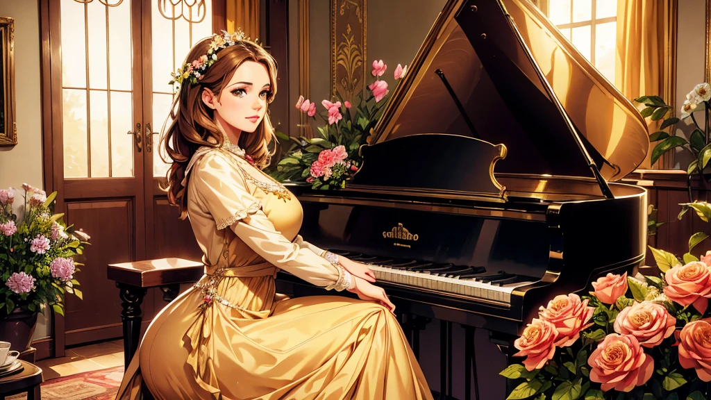 A beutiful realistic scene of a lady in a old fashioned dress; the background is large and vintage, a ancient house with a golden piano and a lot of flowers; masterpiece; perfect face; 