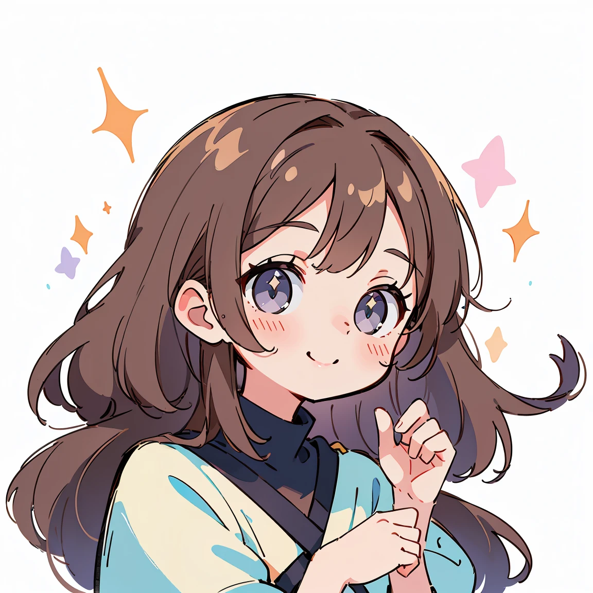 ((best quality)), ((masterpiece)), pastel colours, icon, profile picture, cute girl, lovely, headshot, looking at viewer, perfect illustration, natural hair color, pretty anime girl, flowing hair, sparkling eyes, perfect face, smile, long brown hair, grey eyes, dynamic pose, minimal background