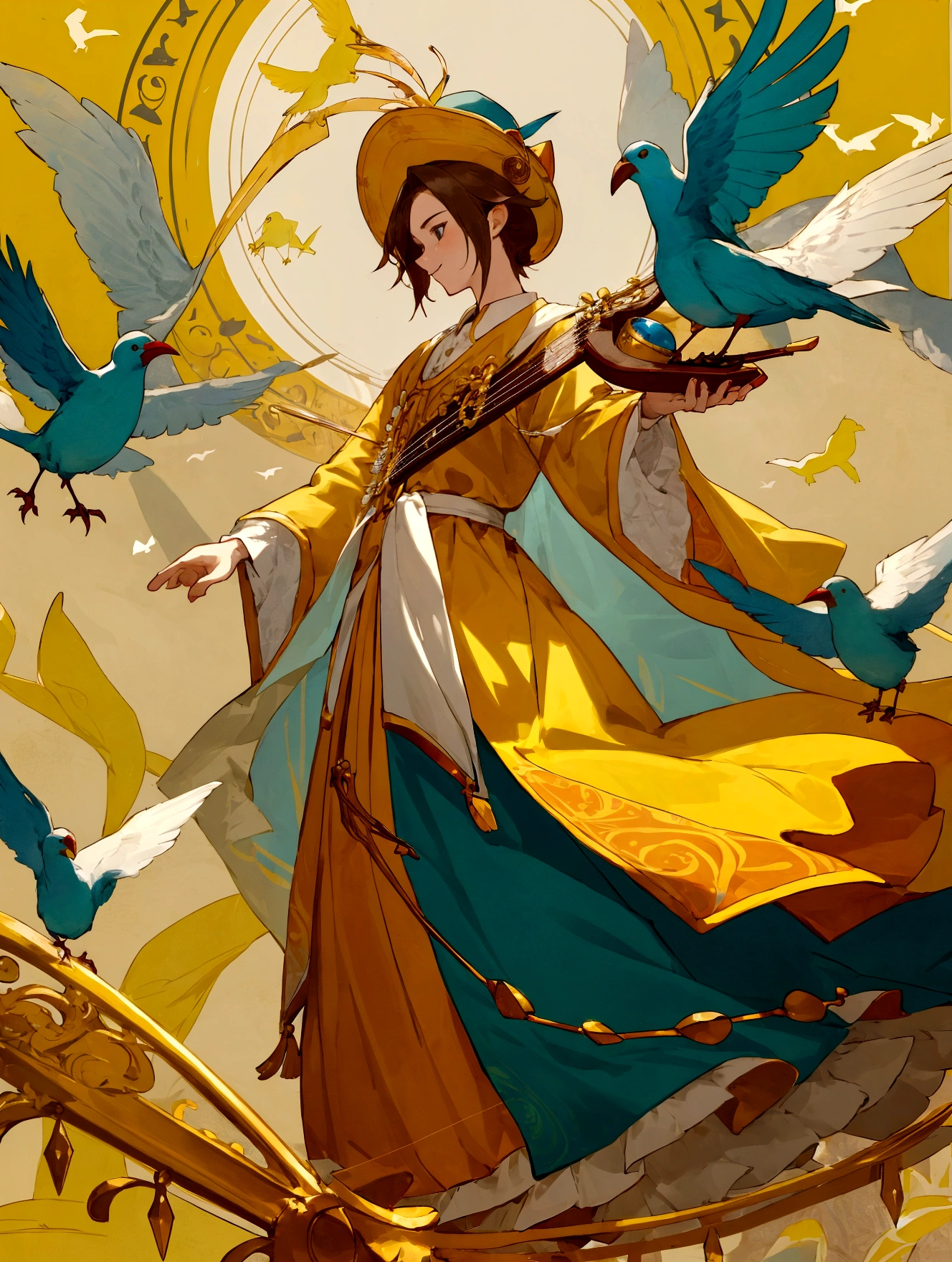 full-length, guy, average height, 24 years old, cheerful look, bright clothes, lyre, bard's hat, bard, birds