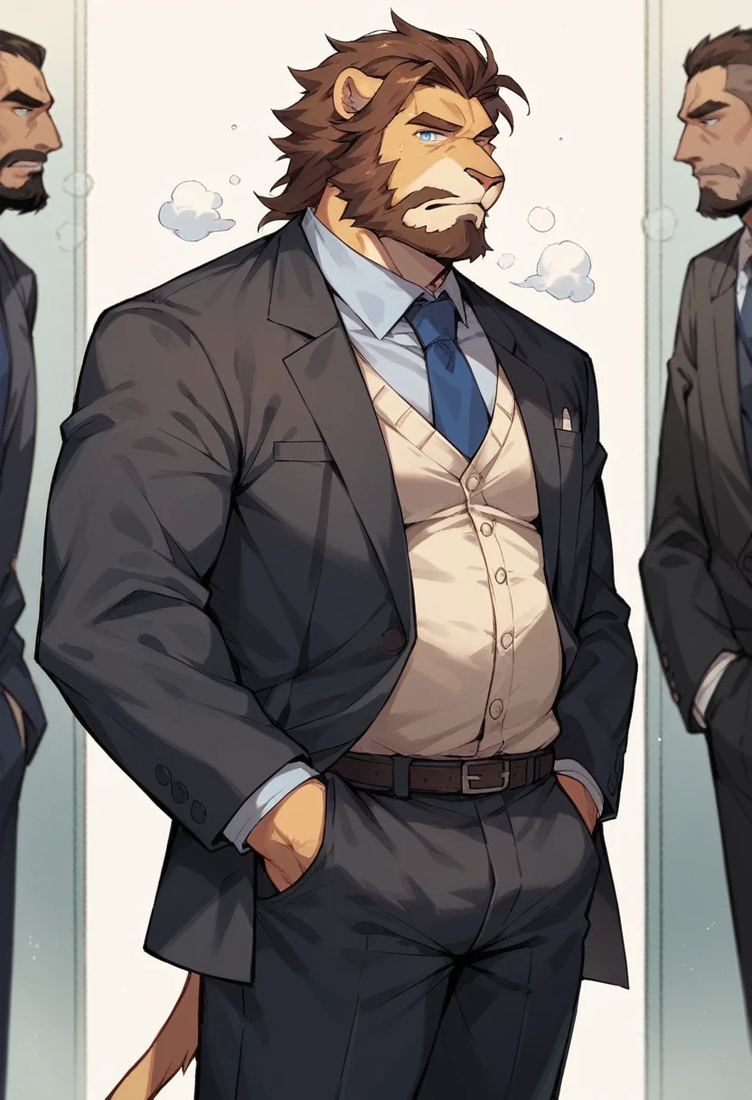 lion,personification,Mature male,Bad Uncle,Beard,Cold expression,Blue pupils,Brown eyebrows,Black suit suit,Hands in pockets,The Age of Steam,Hospital Office。