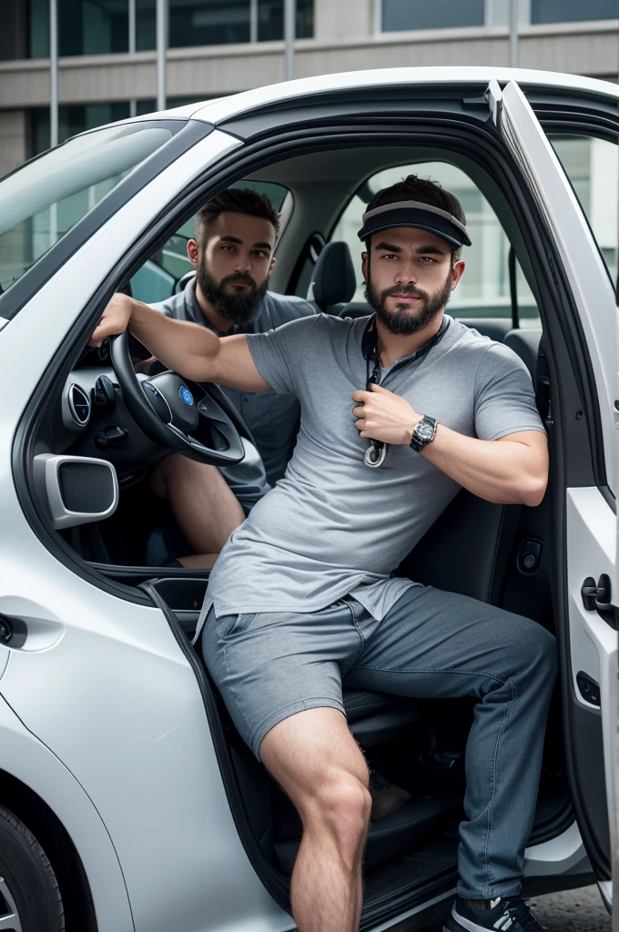 driver, Caucasian skin, shorth hair, scruffy beard ,dressed in casual clothes next to a gray BYD electric car