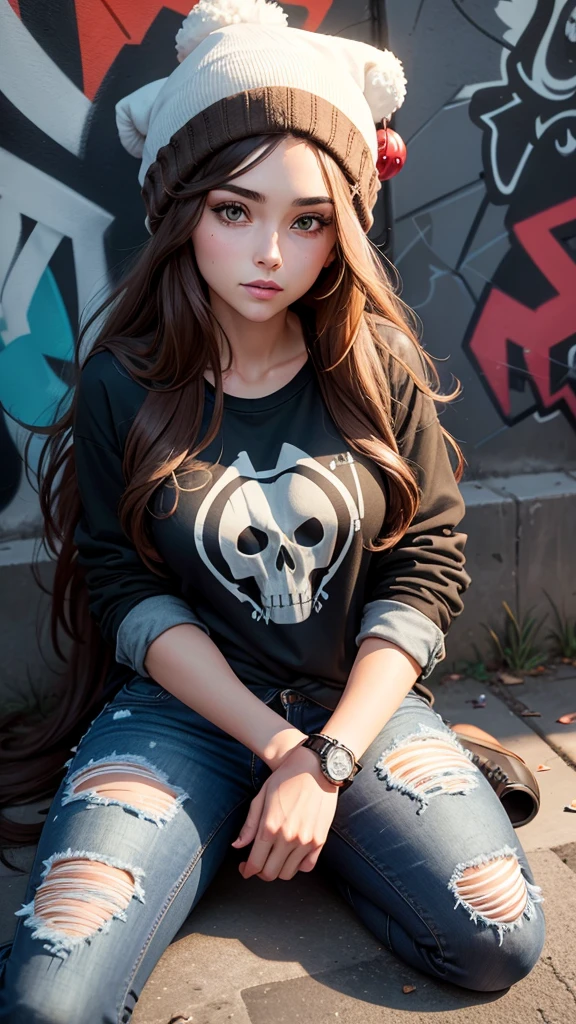 Beautiful woman with long brown hair wearing a beanie, skull shirt, ripped jeans, sitting on the ground in an alley with graffiti wall