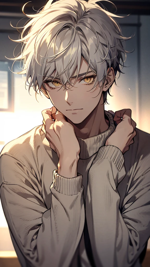 One, male, man, white soft sweater, yellow eyes, direct facial treatment, Short white disheveled messy hair length, color of light and gradient black stripes, sun light, warm light, anime style