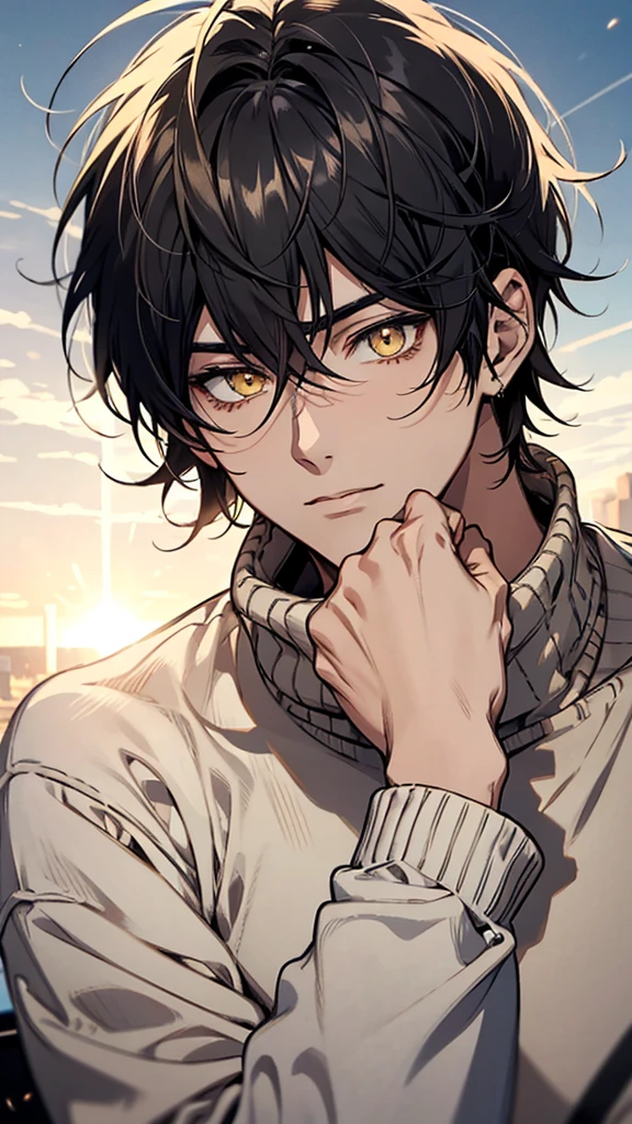 One, male, man, white soft sweater, yellow eyes, direct facial treatment, Short white disheveled messy hair length, color of light and gradient black stripes, sun light, warm light, anime style