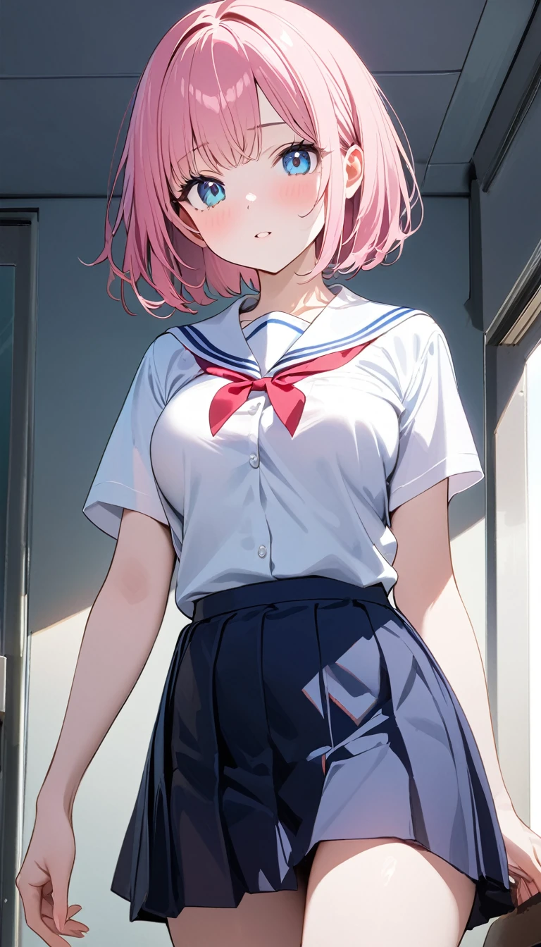 (1 girl),(Best Picture Quality, 8K, Masterpiece:1.3), (high school student:1.5), (pink lob hair:1.1), [mintgreen hair:0.1], (bob cut), (slant skyblue eyes), ((school uniform, white short simple sleeve shirt, darkblue skirt)), (super clear:1.5), (glistening skin:1.1),(pale skin:1.2), (standard weight), (medium breasts), (round face), close up.
