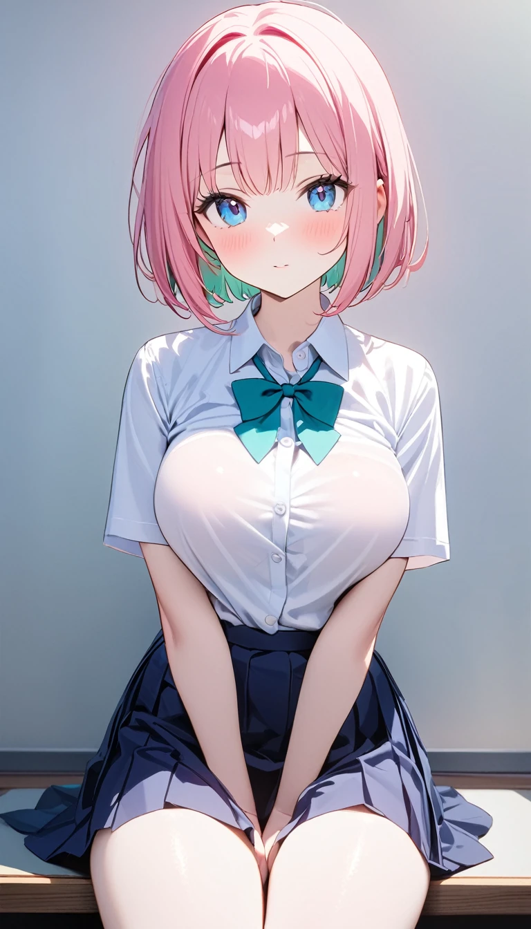 (1 girl),(Best Picture Quality, 8K, Masterpiece:1.3), (high school student:1.5), (pink lob hair:1.1), [mintgreen hair:0.1], (bob cut), (slant skyblue eyes), ((school uniform, white short simple sleeve shirt, darkblue skirt)), (super clear:1.5), (glistening skin:1.1),(pale skin:1.2), (standard weight), (medium breasts), (round face), close up.