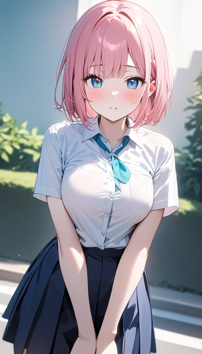 (1 girl),(Best Picture Quality, 8K, Masterpiece:1.3), (high school student:1.5), (pink lob hair:1.1), [mintgreen hair:0.1], (bob cut), (slant skyblue eyes), ((school uniform, white short simple sleeve shirt, darkblue skirt)), (super clear:1.5), (glistening skin:1.1),(pale skin:1.2), (standard weight), (medium breasts), (round face), close up.
