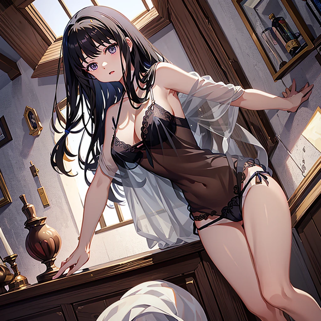 masterpiece, best quality, highres, aatakina, long hair, black hair,bedroom,(see-through camisole:1.2), , side-tie panties,l occasion thong panties:1.3),
wrmpits,
