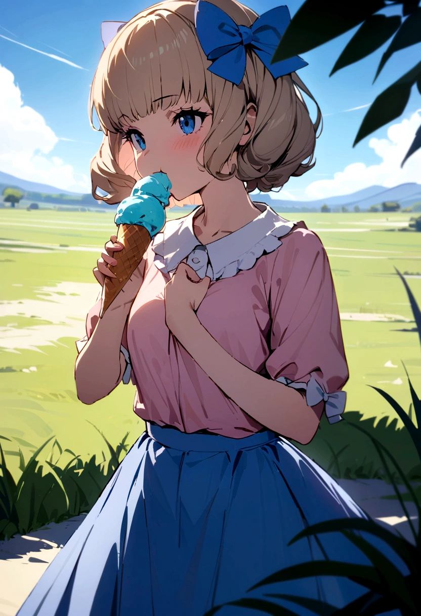 elizabeth , elizabeth, bow, pink shirt, blue skirt, hair bow, solo, eating ice-cream, blue sky, flat grass land,, masterpiece, best quality, detailed shading, detailed ambient light, detailed background, masterpiece,