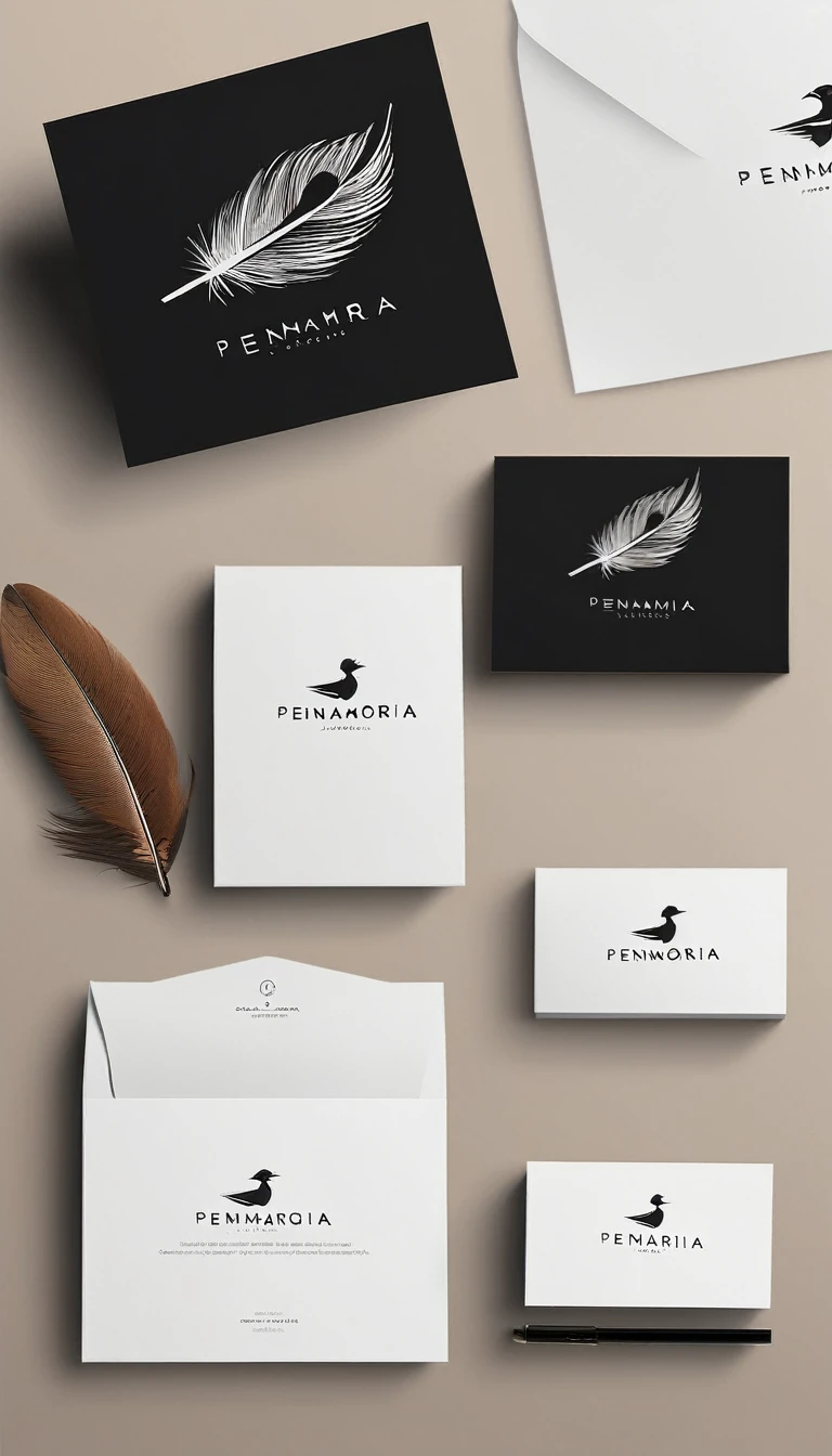 A minimal, modern, simple, cinematic logo design for the brand “Penamemoria". Create a modern, minimalistic, high-quality, logo of a bird feather