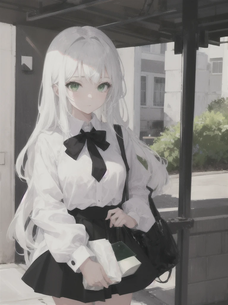 1girl, white long hair, green eyes, black , White shirt, black tie, black skirt,