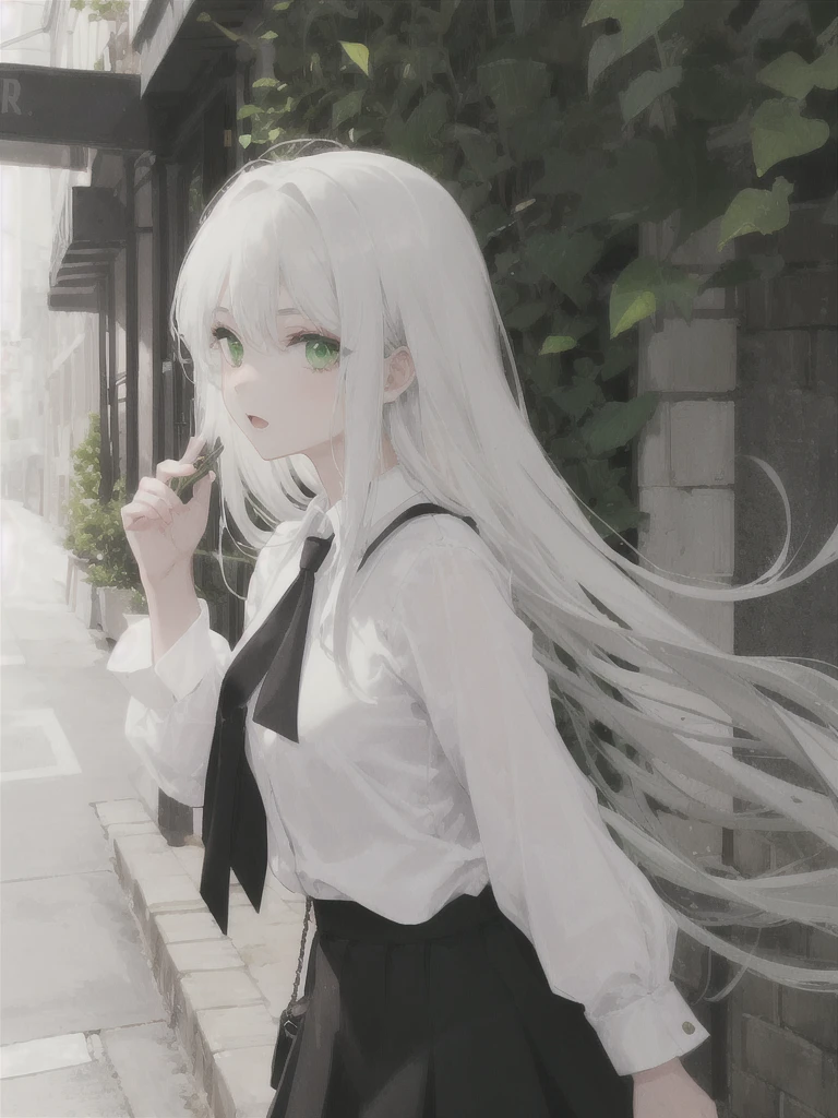1girl, white long hair, green eyes, black , White shirt, black tie, black skirt,