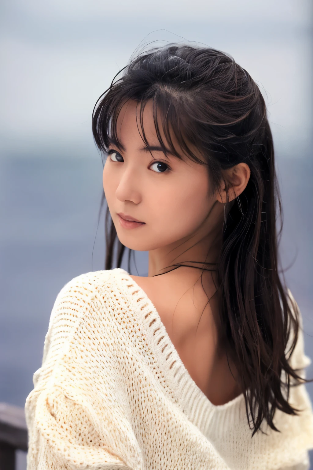 (knitwear), (top-quality, masterpiece:1.3, Super high resolution), (Photorealsitic:1.4, RAW shooting), Ultra-realistic capture, A highly detailed, high-definition 16K for human skin, Wistful, A skinny Japanese woman, 30 years old, cute face, ((Sadness face)), detailed face, detailed eyes, ((correct anatomy)), A dark-haired, Middle hair, ((Background of the sea in a starry night)), (((looking up afar at starry sky))), hair blowing in the wind