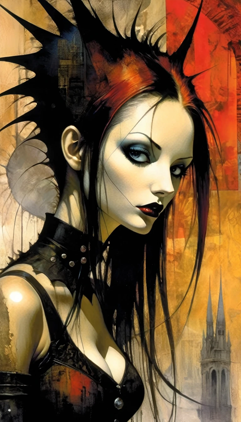 a sexy girl with a punk-gothic appearance and long hair, in the streets of the city of vampires:1.5 (art inspired by Bill Sienkiewicz, oil painting) black and white image (best quality,4k,8k,highres,masterpiece:1.2),ultra-detailed,(realistic,photorealistic,photo-realistic:1.37),intricate details,vivid colors,sharp focus,professional,Dave McKean artwork, oil touch of surrealism,oil painting style