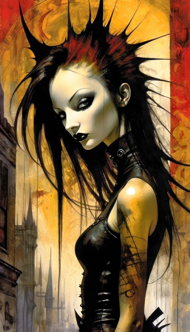 a sexy girl with a punk-gothic appearance and long hair, in the streets of the city of vampires:1.5 (art inspired by Bill Sienkiewicz, oil painting) black and white image (best quality,4k,8k,highres,masterpiece:1.2),ultra-detailed,(realistic,photorealistic,photo-realistic:1.37),intricate details,vivid colors,sharp focus,professional,Dave McKean artwork, oil touch of surrealism,oil painting style
