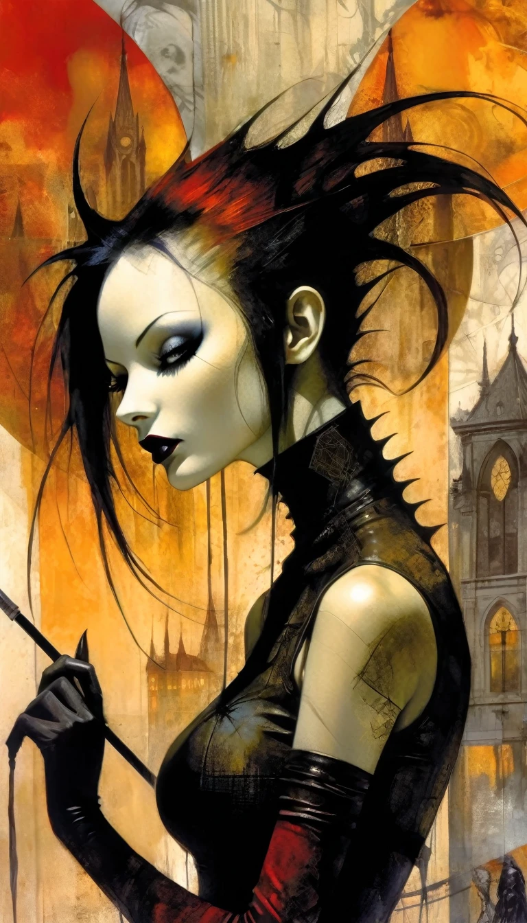 a sexy girl with a punk-gothic appearance and long hair, in the streets of the city of vampires:1.5 (art inspired by Bill Sienkiewicz, oil painting) black and white image (best quality,4k,8k,highres,masterpiece:1.2),ultra-detailed,(realistic,photorealistic,photo-realistic:1.37),intricate details,vivid colors,sharp focus,professional,Dave McKean artwork, oil touch of surrealism,oil painting style