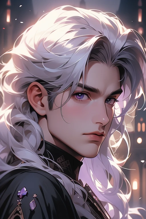 1 men, calm, 35 year old guy, messy shorts with fringe, White hair, amethyst eyes, royaltly, tenet, black clothing, in a castle, close up, medieval times