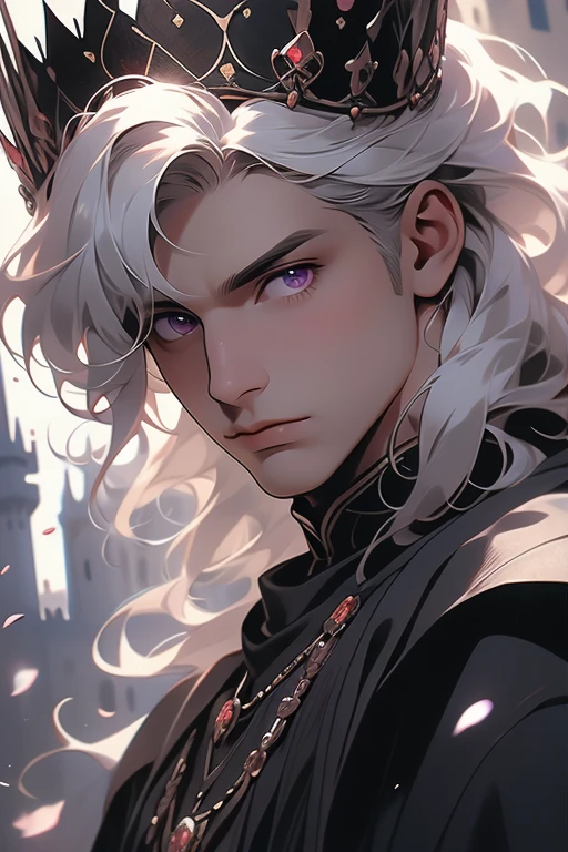 1 men, calm, 35 year old guy, messy shorts with fringe, White hair, amethyst eyes, royaltly, tenet, black clothing, in a castle, close up, medieval times