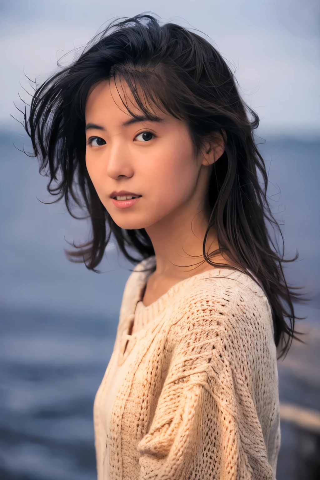 (knitwear), (top-quality, masterpiece:1.3, Super high resolution), (Photorealsitic:1.4, RAW shooting), Ultra-realistic capture, A highly detailed, high-definition 16K for human skin, Wistful, A skinny Japanese woman, 30 years old, cute face, ((Sadness face)), detailed face, detailed eyes, ((correct anatomy)), A dark-haired, Middle hair, ((Background of the sea in a starry night)), (((looking up afar at starry sky))), hair blowing in the wind