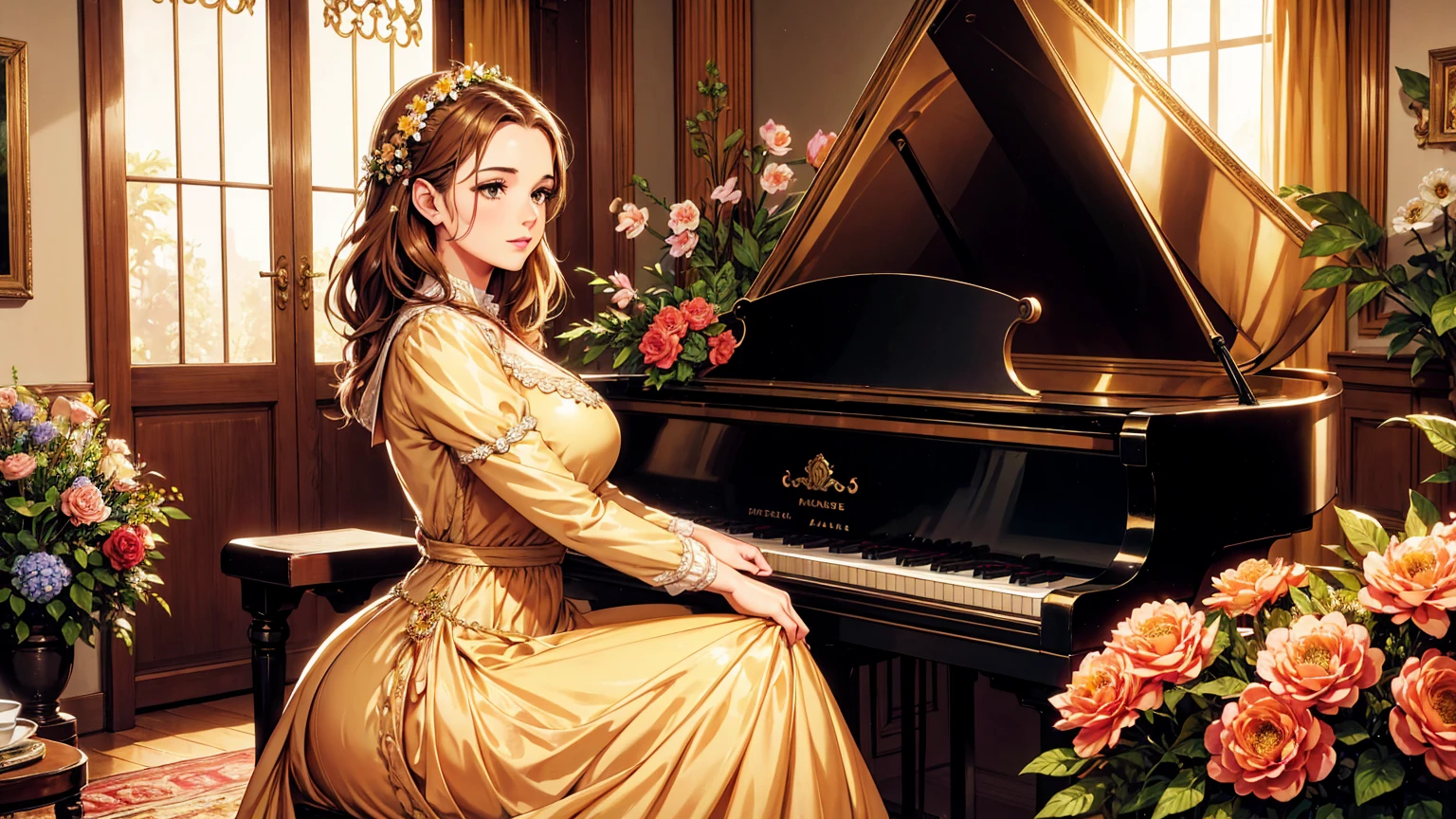 A beutiful realistic scene of a lady in a old fashioned dress; the background is large and vintage, a ancient house with a golden piano and a lot of flowers; masterpiece; perfect face; 