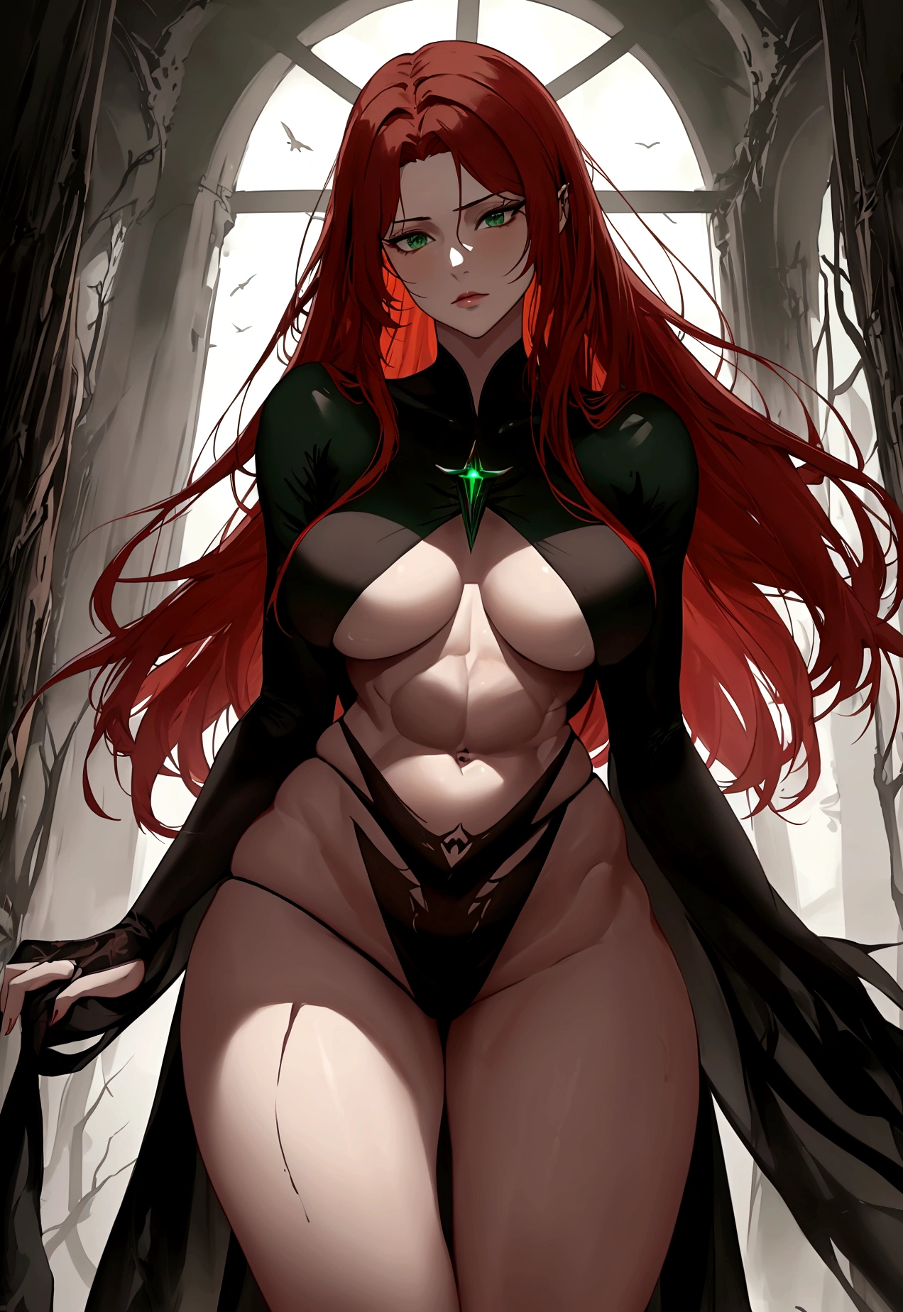 A stunningly realistic dark fantasy portrait of a tall, leggy red-haired woman with a chiseled abs, small waist, large emerald green eyes, and plump lips. She stands confidently, her body displayed in all its glory. The background is a mix of dark, brooding colors, with some ethereal elements, creating an atmospheric and mysterious setting. The overall tone of the image is a blend of beauty, power, and darkness., dark fantasy, portrait photography, painting, bien jugosita, la quiero en 4