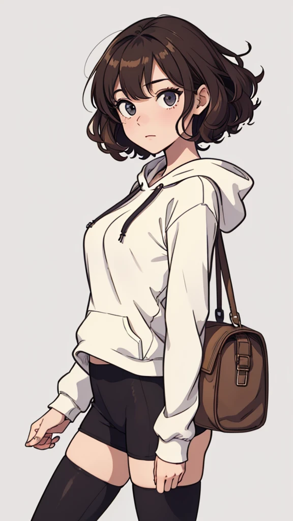 (((masterpiece, best quality, ultra highres, 1 girl, solo, no background))), super detailed skin and face and eyes and finger, beautiful japanese woman, small breasts:1.5, skinny, light brown hair, white background, very short curly hair, (an illustration of girl), Knee shot, Generate with illustrations, Various expressions, Various poses, Please draw the entire character within the frame, ensuring that the head, arms, and legs are not cut off. The background should be simple, with the character positioned centrally, outline, anime, hoodie, curly hair, leggings,