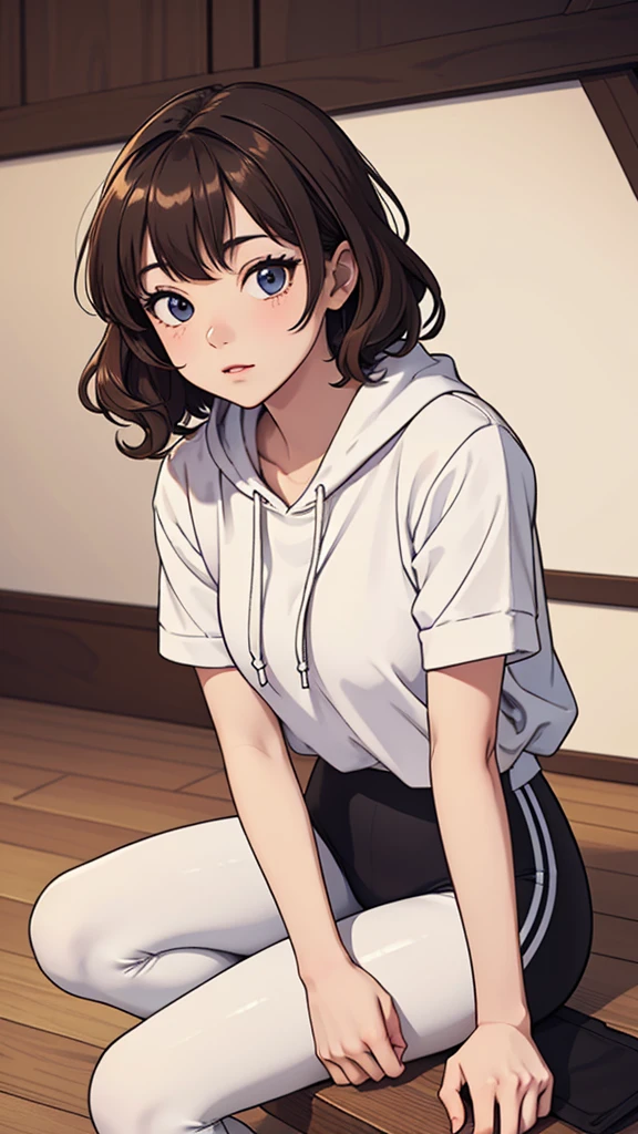 (((masterpiece, best quality, ultra highres, 1 girl, solo, no background))), super detailed skin and face and eyes and finger, beautiful japanese woman, small breasts:1.5, skinny, light brown hair, white background, very short curly hair, (an illustration of girl), Knee shot, Generate with illustrations, Various expressions, Various poses, Please draw the entire character within the frame, ensuring that the head, arms, and legs are not cut off. The background should be simple, with the character positioned centrally, outline, anime, hoodie, curly hair, leggings,