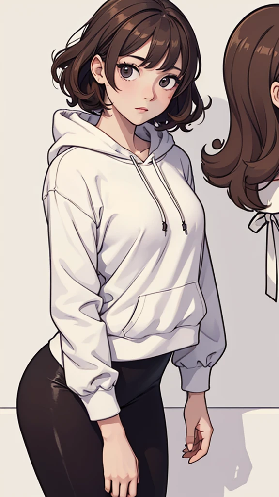 (((masterpiece, best quality, ultra highres, 1 girl, solo, no background))), super detailed skin and face and eyes and finger, beautiful japanese woman, small breasts:1.5, skinny, light brown hair, white background, very short curly hair, (an illustration of girl), Knee shot, Generate with illustrations, Various expressions, Various poses, Please draw the entire character within the frame, ensuring that the head, arms, and legs are not cut off. The background should be simple, with the character positioned centrally, outline, anime, hoodie, curly hair, leggings,