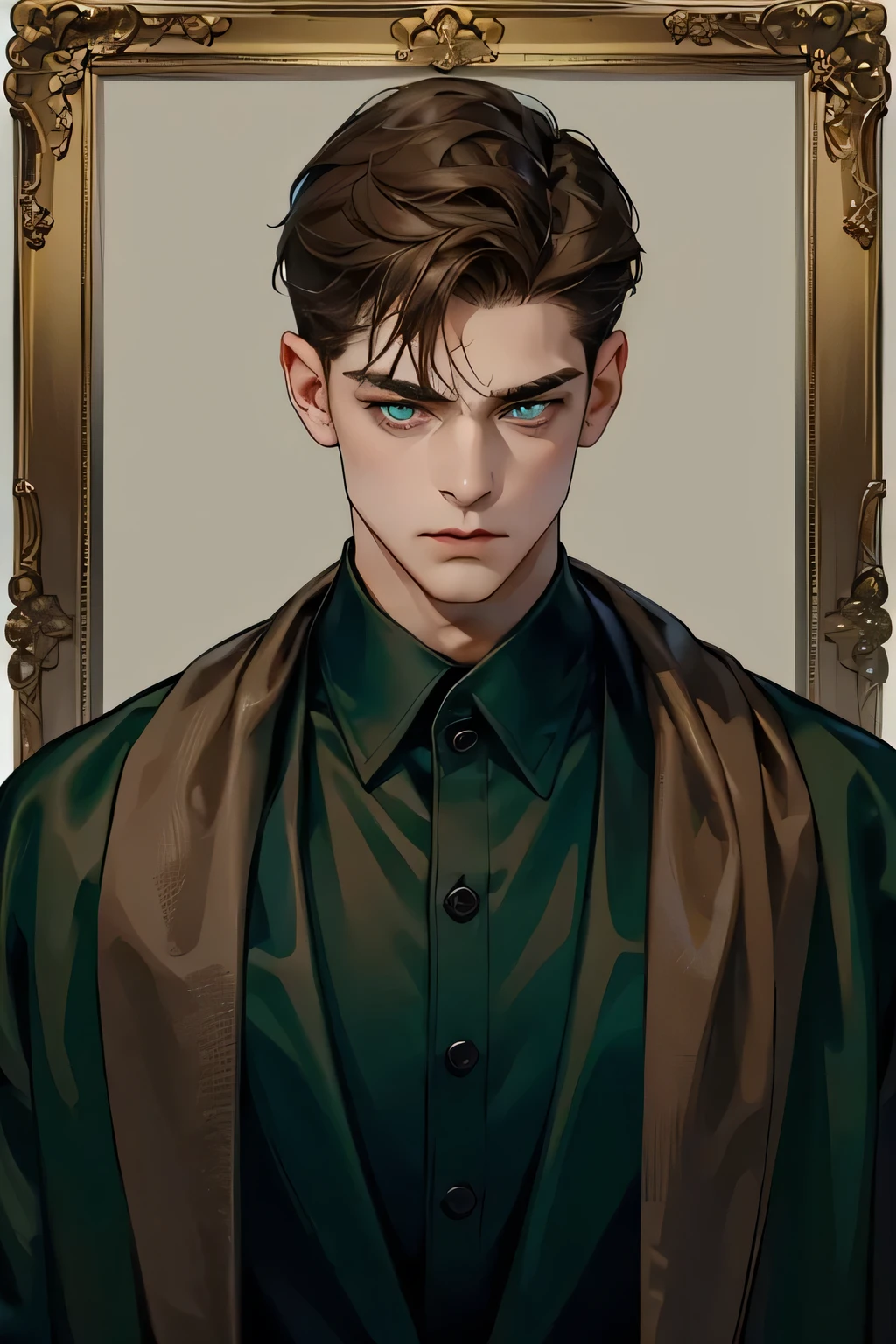 ((A very young guy)) ((with short brown hair combed back)), green eyes, in dark clothes, shirt, a very good quality, correct eyes, even eyes, ((portrait)), (((severe, cold look))), frowning look, refined facial features