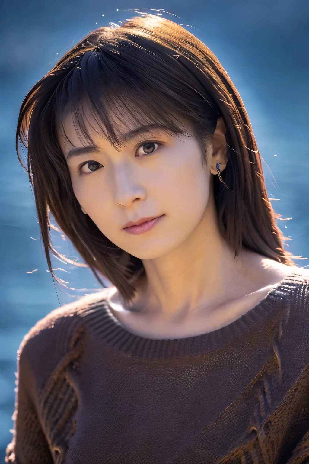 (knitwear), (top-quality, masterpiece:1.3, Super high resolution), (Photorealsitic:1.4, RAW shooting), Ultra-realistic capture, A highly detailed, high-definition 16K for human skin, Wistful, A skinny Japanese woman, 30 years old, cute face, ((Sadness face)), detailed face, detailed eyes, ((correct anatomy)), A dark-haired, Middle hair, ((Background of the sea in a starry night)), (((looking up afar at starry sky))), hair blowing in the wind