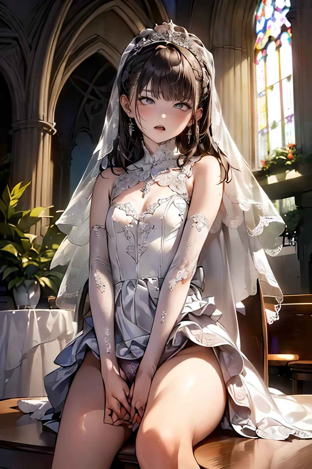 angle from side below, (((round face))), drooping eyes, tiny earrings, ((bride, white wedding dress, ((standing and straddling to hit her crotch area against a corner of the table for masturbation while hiding her crotch with dress)), open mouth, plants, in front of a church,