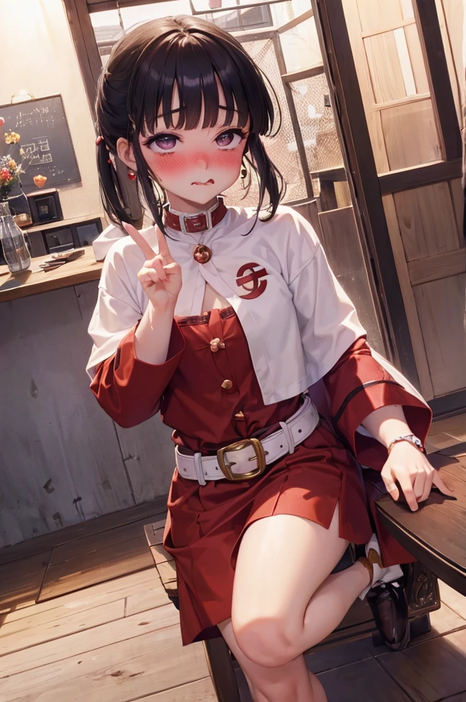 peace sign,(masterpiece, best quality), intricate details, 1girl, megumin, short hair, belt indoors,ahg rolling eyes tongue((((blush)))),(cleatched teetch)