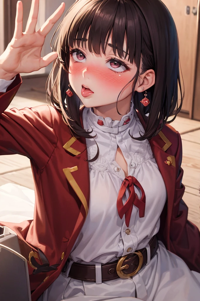 peace sign,(masterpiece, best quality), intricate details, 1girl, megumin, short hair, belt indoors,ahg rolling eyes tongue((((blush)))),(cleatched teetch)