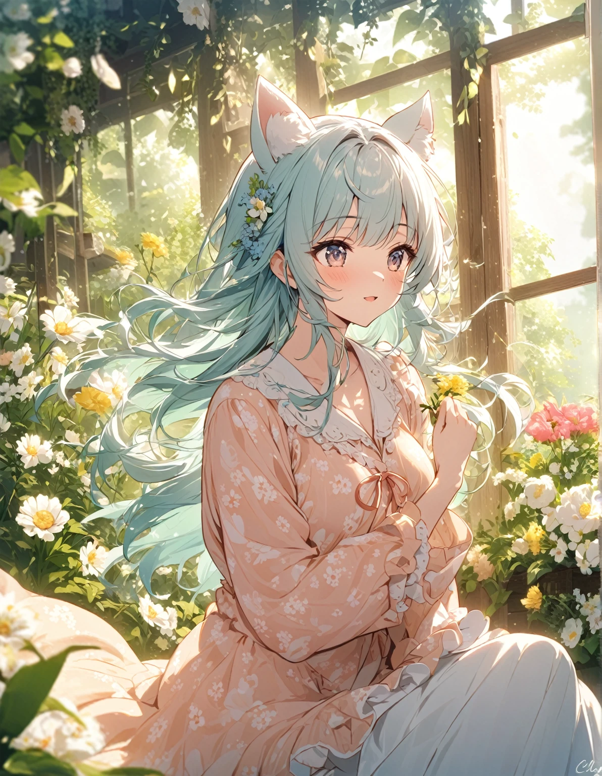 Two nekogirl (neko ears) in pajamas opens the window、clear々Fresh morning air and refreshing sunshine、flowers in the garden々is in full bloom、It smells like spring。A work that expresses the freshness of a certain spring morning.。The gentle and calm atmosphere of the whole scene、It is necessary to fully express the cuteness of a woman who stretches in the morning air.。hair blowing in the wind、The wind brings the freshness of spring。the nekogirl 's profile is beautiful and captivates the viewer.。petals riding the wind、birds chirping、I have a feeling that today is going to be a very good day as well.。Excitement、I can't help but smile。This scene is rendered in anime style, with vivid contrast and beautiful detail.。high quality、High resolution、masterpiece:1.2。