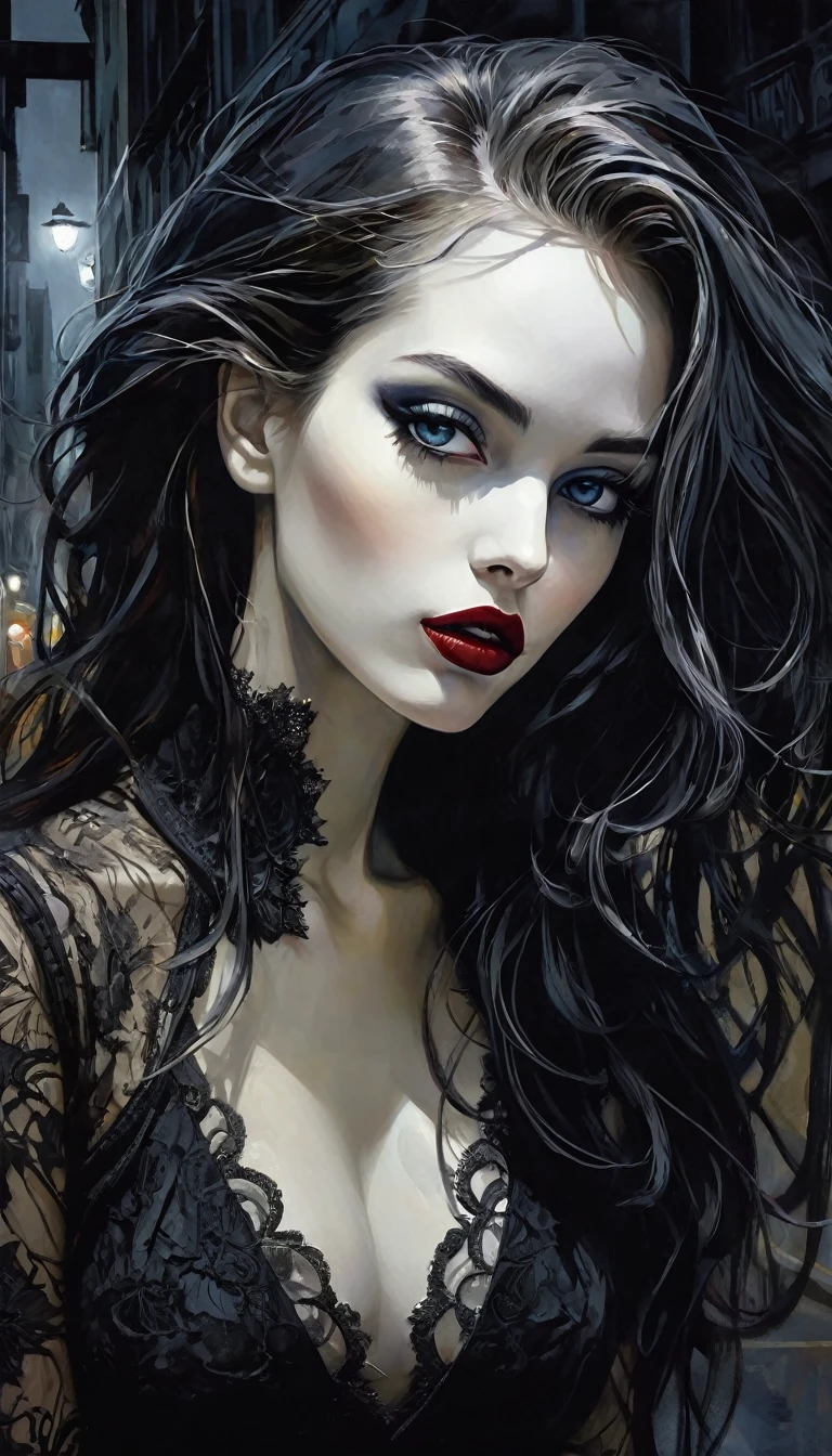 a sexy girl with a punk-gothic appearance and long hair, in the streets of the city of vampires:1.5 (art inspired by Bill Sienkiewicz, oil painting) black and white image (best quality,4k,8k,highres,masterpiece:1.2),ultra-detailed,(realistic,photorealistic,photo-realistic:1.37),intricate details,vivid colors,sharp focus,professional,Dave McKean artwork, oil touch of surrealism,oil painting style,portrait,woman,beautiful detailed eyes,beautiful detailed lips,dreamlike atmosphere,shadow play,soft lighting,playful pose,dark hues,ethereal background,fantasy elements,texture,layered composition.