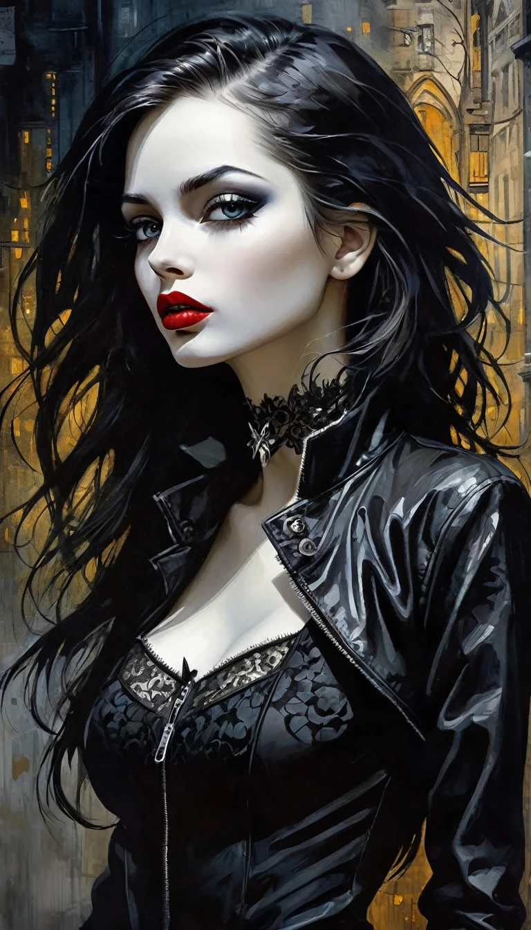 a sexy girl with a punk-gothic appearance and long hair, in the streets of the city of vampires:1.5 (art inspired by Bill Sienkiewicz, oil painting) black and white image  (best quality,4k,8k,highres,masterpiece:1.2),ultra-detailed,(realistic,photorealistic,photo-realistic:1.37),intricate details,vivid colors,sharp focus,professional,Dave McKean artwork, oil touch of surrealism,oil painting style,portrait,woman,beautiful detailed eyes,beautiful detailed lips,dreamlike atmosphere,shadow play,soft lighting,playful pose,dark hues,ethereal background,fantasy elements,texture,layered composition.
