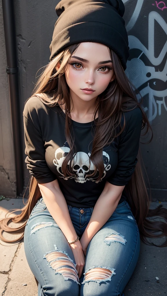 Beautiful woman with long brown hair wearing a black beanie, skull shirt, ripped jeans, sitting on the ground in an alley with graffiti wall