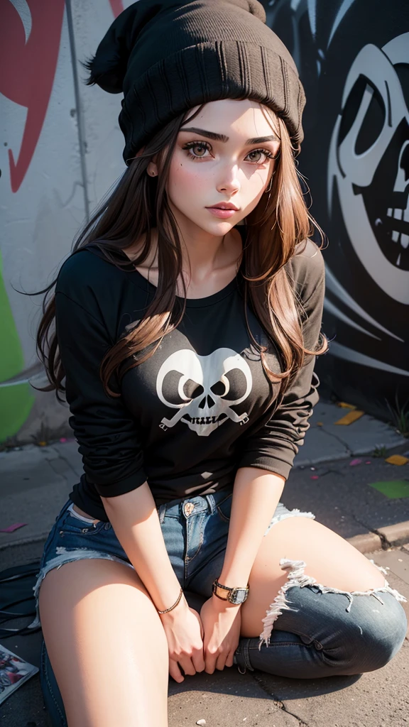 Beautiful woman with long brown hair wearing a black beanie, skull shirt, ripped jeans, sitting on the ground in an alley with graffiti wall