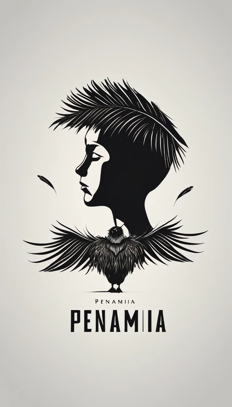 A minimal, modern, simple, cinematic logo design e of a boy with a head full of feathers for the brand “Penamemoria".