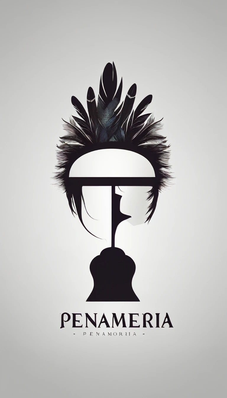A minimal, modern, simple, cinematic logo design e of a boy with a head full of feathers for the brand “Penamemoria".