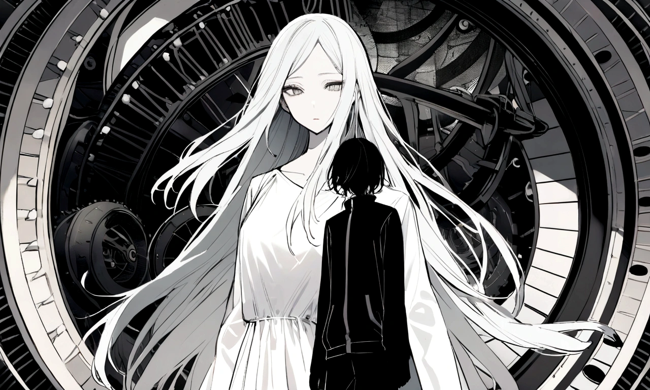 black and white drawing, giant clockwork background, 26-year-old male on the left 1, black neat hair, a lonely face, wearing gray tracksuit, Beautiful woman on the right 1, white long straight hair, white hair, wearing a white dress, come out of clockwork, Coming out past Clockwork, get out of the machine.